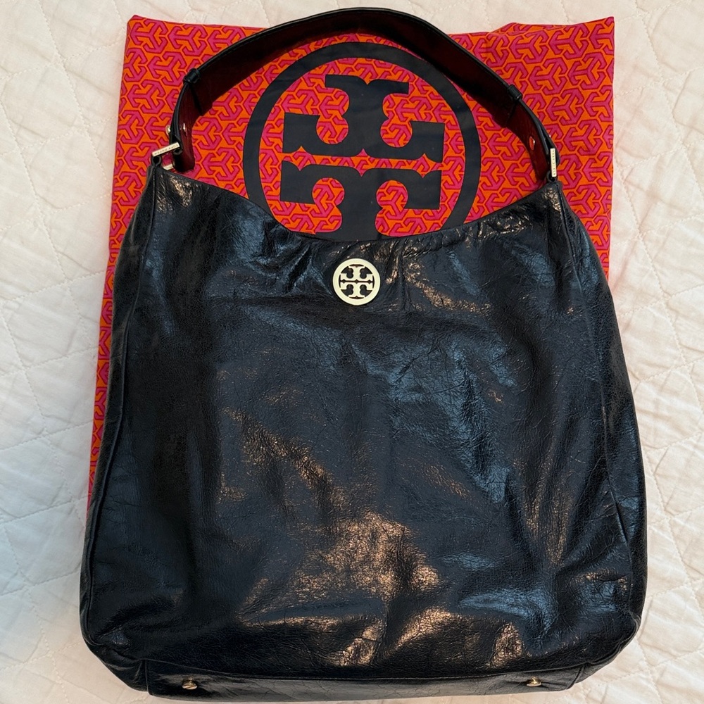 Tory Burch Black Leather Hobo Bag with Gold Accent